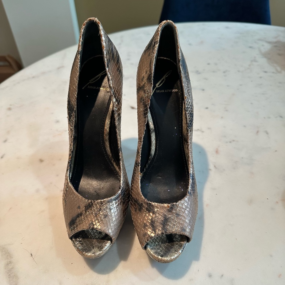 Brian Atwood Metallic Snake Skin High Heels Size 8
